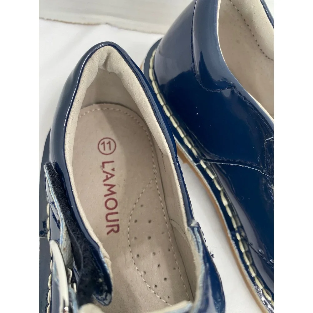 L'Amour Mary Jane T-Strap Girls Size 11 Navy Blue Patent Brogue Dress Shoes